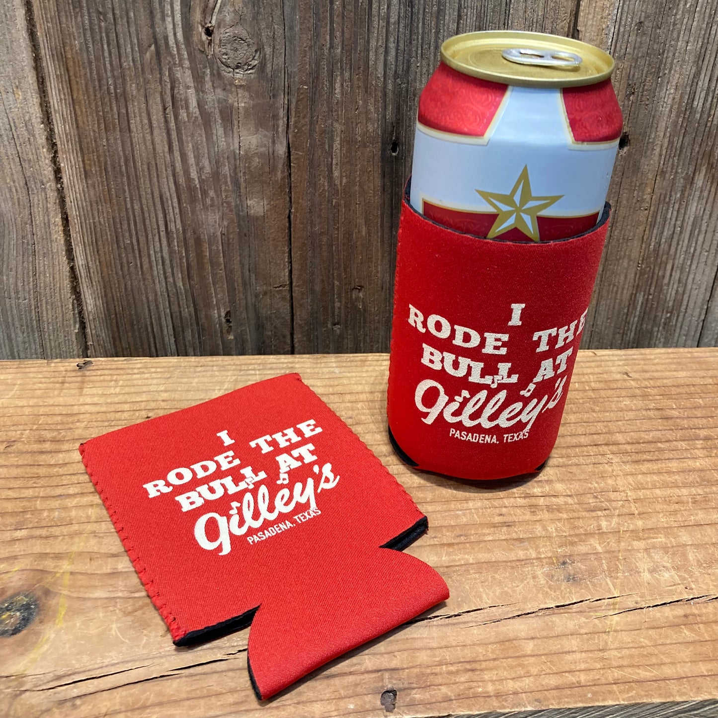 Koozie featuring the classic Gilley's logo or the fun "I Rode the Bull" design!
red foam with white screenprint. fits standard can. approx. 4" tall