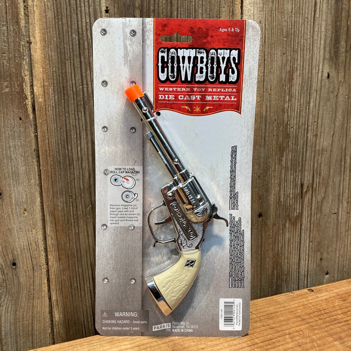 Toy Pistol
Solid die-cast metal repeater cap pistol with cream color plastic grip and silver finish. side loading, orange tip.
8.5 inches LONG
AMMO TYPE: #912 PAPER ROLL ACTION CAPS