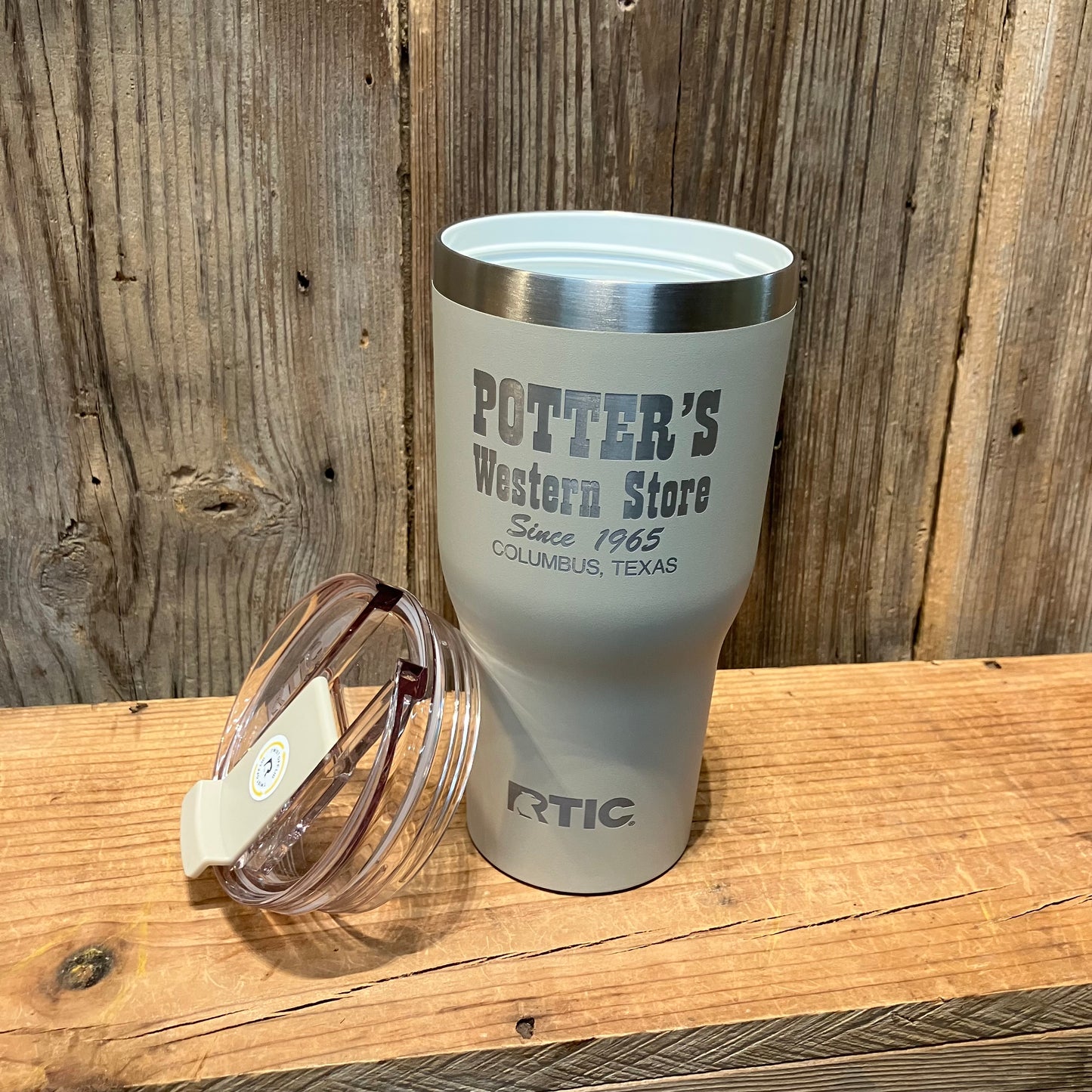 Potter’s Western Store RTIC tumbler with lid off showing ceramic interior