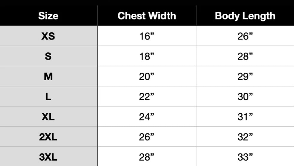 Size chart for t-shirts showing chest width and body length measurements for each size. Perfect for finding your ideal fit, available in sizes XS to 3XL.