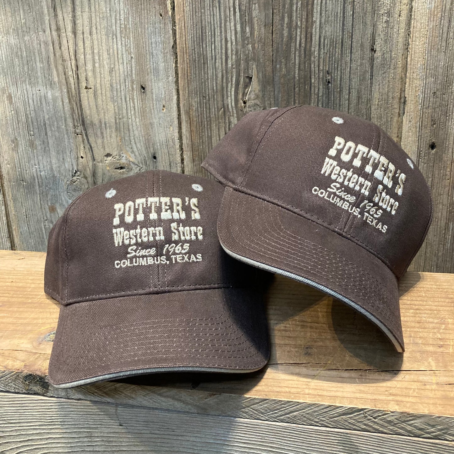 Classic Potter's Western Store cap
Introduced to celebrate our 50th Anniversary in 2015 and became an instant classic.
Potter's logo, Potter's Western Store Since 1965 Columbus, TX Embroidered in cream on a vintage brown cap.
One size fits most, adjustable back, velcro.