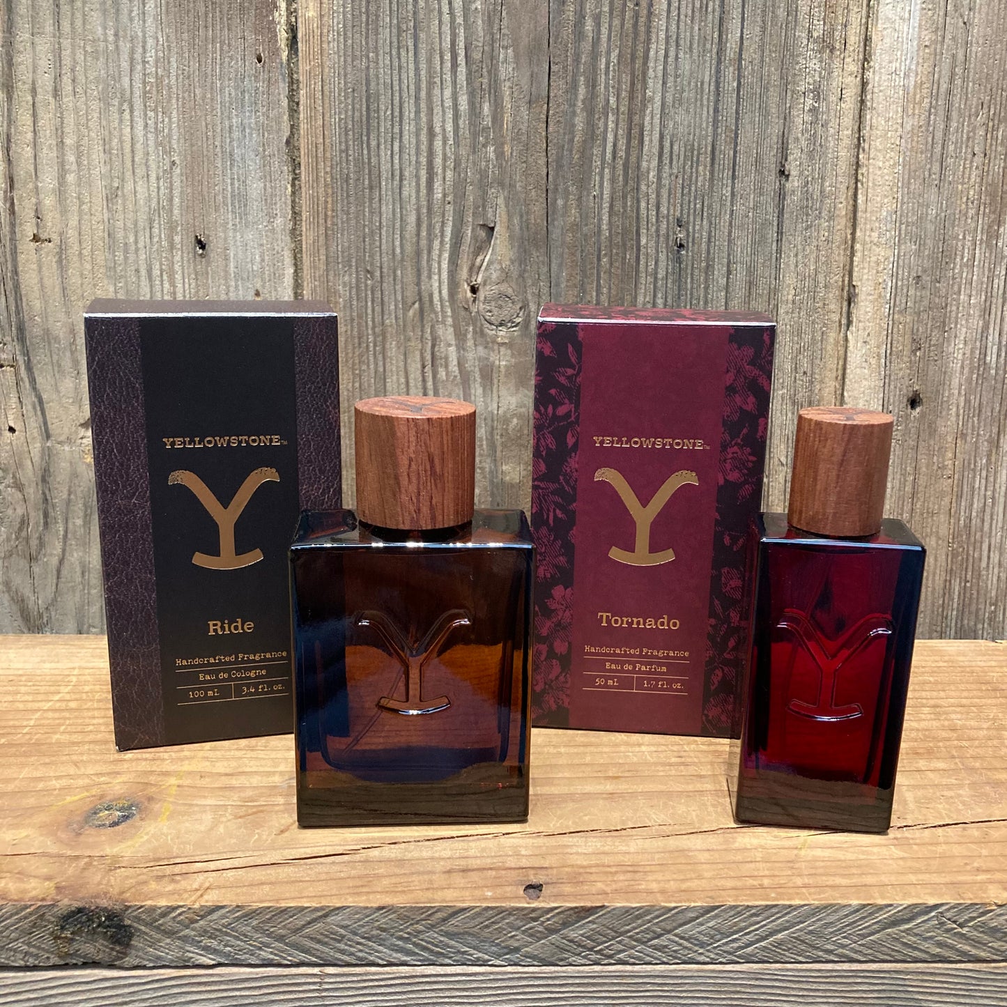Yellowstone Fragrance Collection
Mens Ride Cologne in an amber bottle with wood cap
A strong, masculine scent for a rough and tough outdoorsman.
Scent Notes: raw bergamot, crisp clary sage, smoked whiskey, charred vanilla, rough cut tobacco.
3.4oz/100ml
Ladies Tornado Perfume, amber bottle with wood cap
A fierce yet sensual scent that delivers the complexity of a strong woman.
Scent Notes: wind bloom jasmine, blue cyclamen, rare amberwood, burnt sugar crystals, vanilla cedar.
1.7oz/50ml