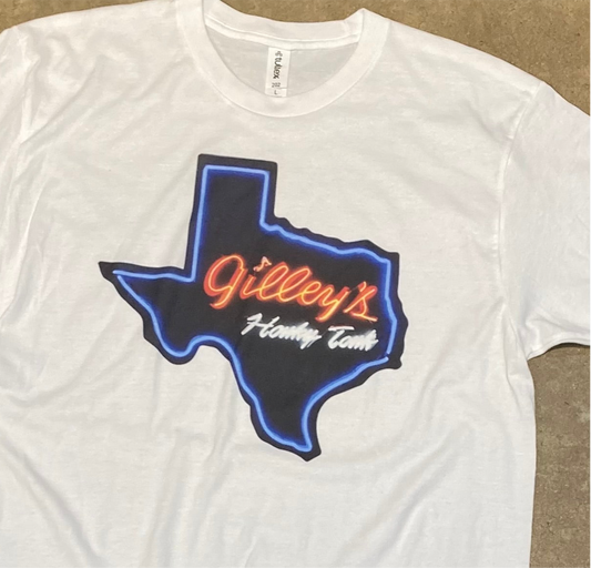 Gilley's neon sign design t-shirt.

officially licensed Gilley's merchandise, printed in Texas.

Unisex. White tshirt with Gilley's neon sign screenprint.