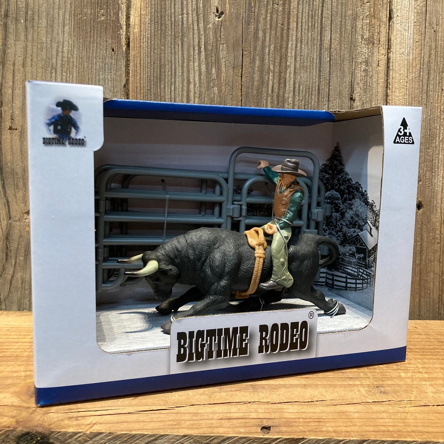 Bigtime Rodeo toy set 

includes bull rider, with green shirt and brown vest and chaps, black bull with horns, green pen with gate. plastic. 1:18 scale. Ages 3+