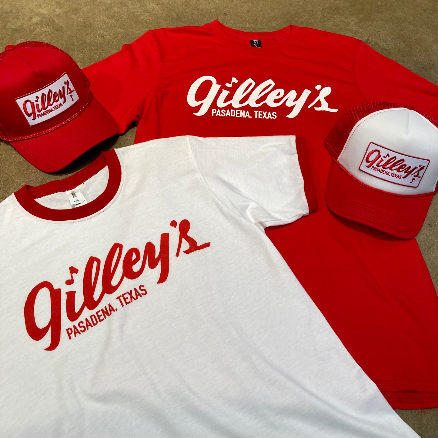 Officially licensed Gilley's Classic T-Shirts in red and white with the Pasadena, Texas logo