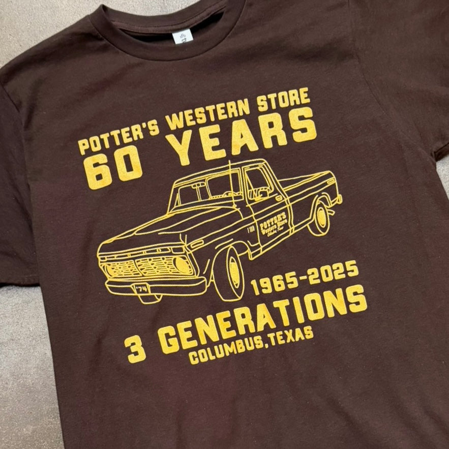 Potter's 60th Anniversary Vintage Truck Tshirt - Brown