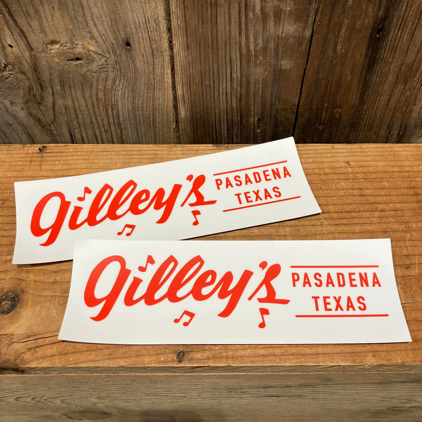 Classic Gilley's bumper sticker 
White background with red lettering Gilley's Pasadena Texas. and red music notes.