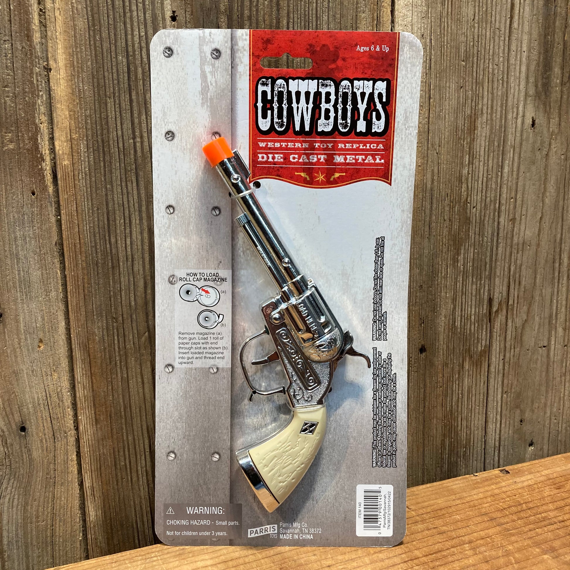 Toy Pistol
Solid die-cast metal repeater cap pistol with cream color plastic grip and silver finish. side loading, orange tip.

8.5 inches LONG

AMMO TYPE: #912 PAPER ROLL ACTION CAPS