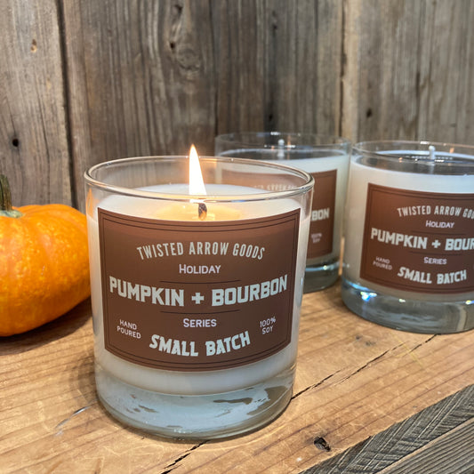 Twisted Arrow Goods hand poured candle
Pumpkin & Bourbon Scent

Small Batch, Special Holiday Edition. 

100% Soy Wax and Essential Oils.

50-60 hour burn time.

in an 11oz reusable old fashioned glass (so when the candle is done, have a double of your favorite bourbon - cheers!)

Scent notes: roasted pumpkin, aged bourbon