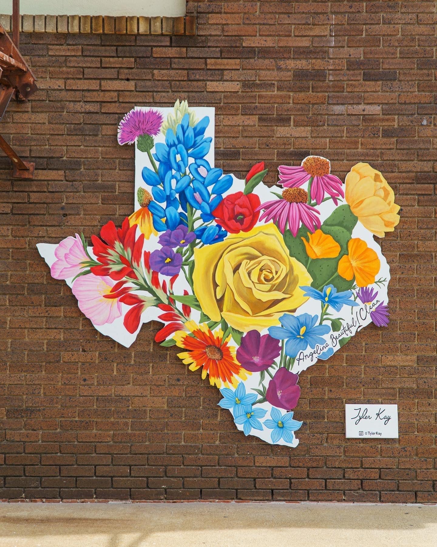 Texas floral mural by Tyler Kay displayed on a brick wall in the shape of Texas.