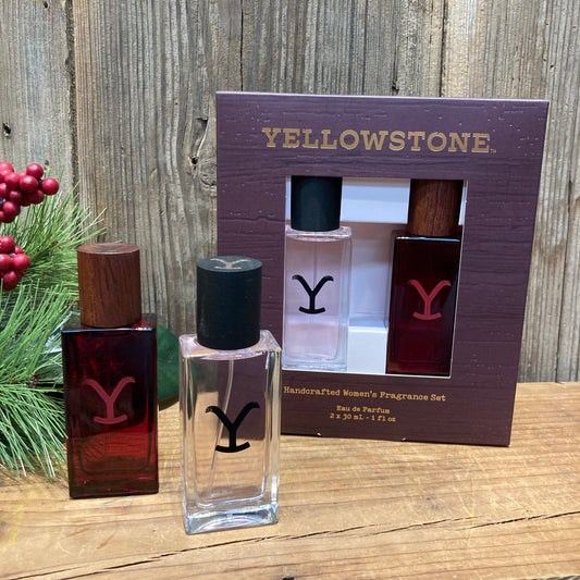 Yellowstone Women's Perfume Gift Set featuring the two handcrafted perfumes inspired 
Tornado -blends Jasmine Cyclamen, Amberwood and Burnt Sugar Crystals for your fierce and sensual moods. Stay Dirty.

Yellowstone Original -features notes of Wild Huckleberry, Fresh Peach, and Cottonwood for easy everyday wear. Stay You.

Eau de Parfum. 1 fl. oz. each. Boxed.