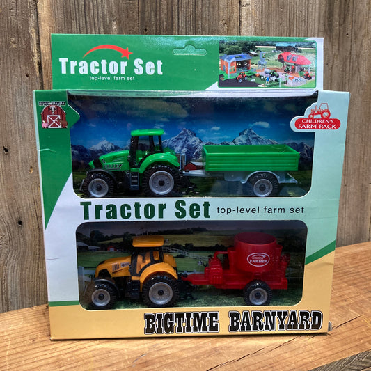 boxed tractor toy set with two tractors and trailers labeled Bigtime Barnyard for toddlers