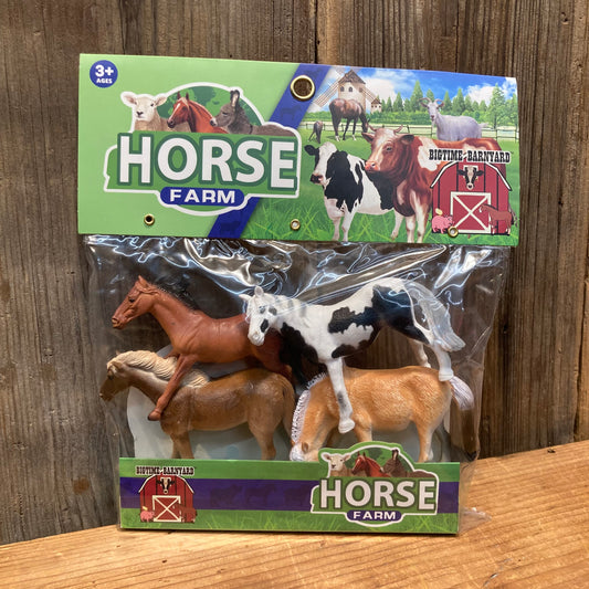 packaged toy set with four horse figures labeled Horse Farm for kids ages 3 and up