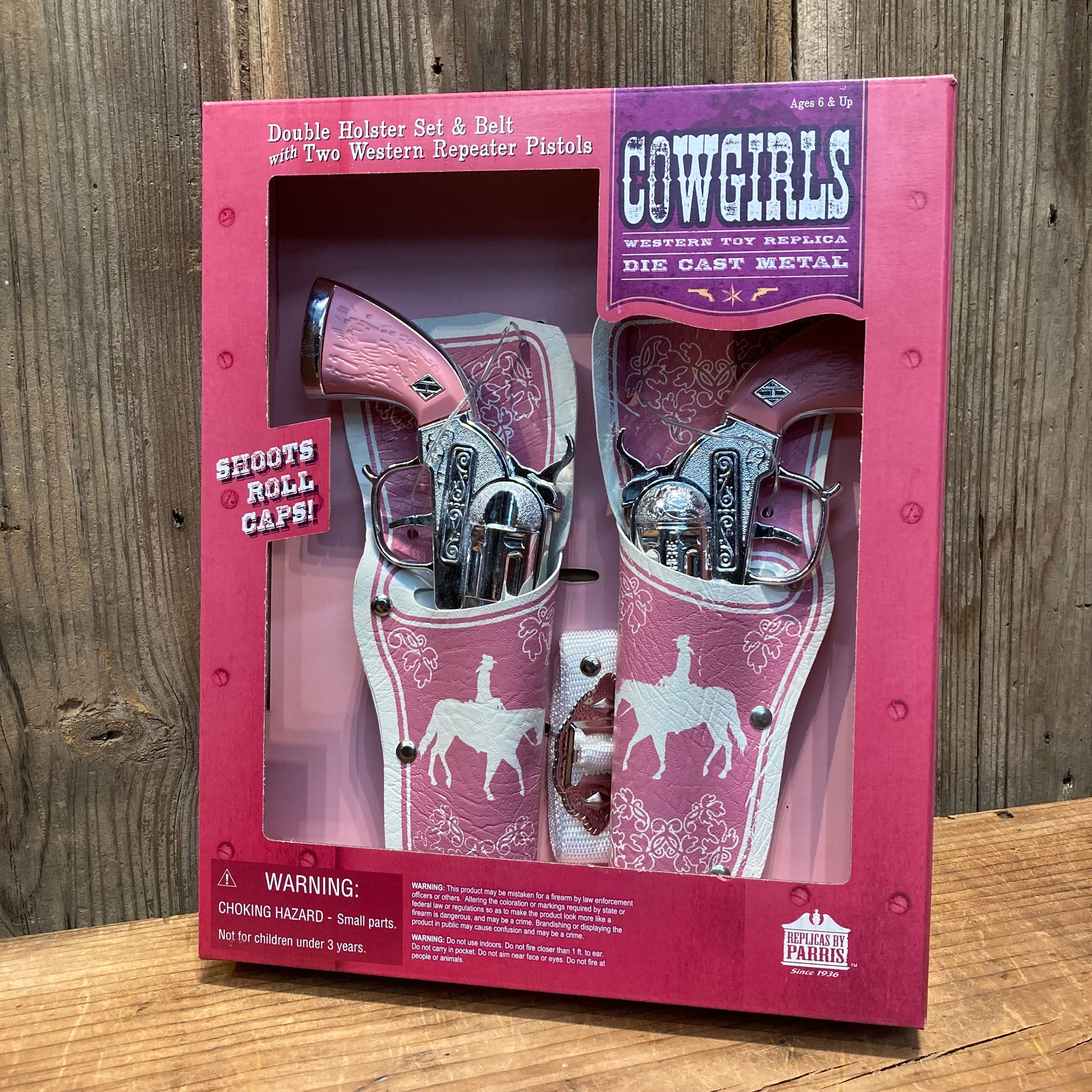 Pink cowgirls double holster toy set with two cap pistols and adjustable belt