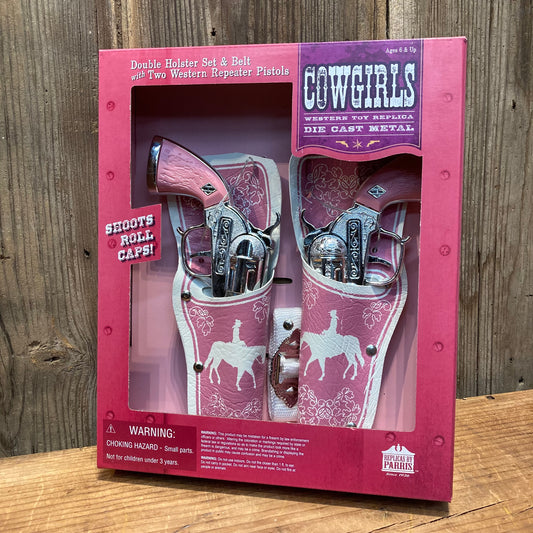 Pink cowgirls double holster toy set with two cap pistols and adjustable belt
