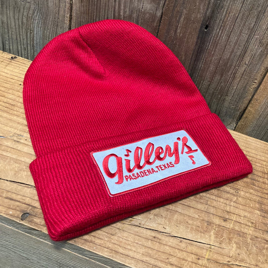 Gilley's Beanie in red with the iconic logo patch, made from 100% acrylic for a warm and stylish look. One size fits all.