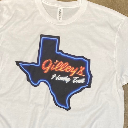 Gilley’s Honky Tonk Neon T-Shirt in white, featuring a bold Texas outline with vibrant neon Gilley’s branding. Perfect for fans of Gilley’s and Texas nightlife.