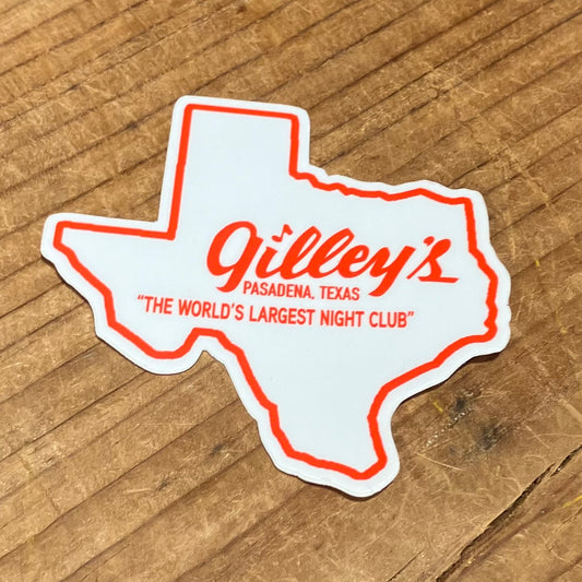 Vintage inspired Texas shaped vinyl sticker in white, outlined in red, with Gilley's Pasadena, TX "The World's Largest Night Club" logo written in red.



