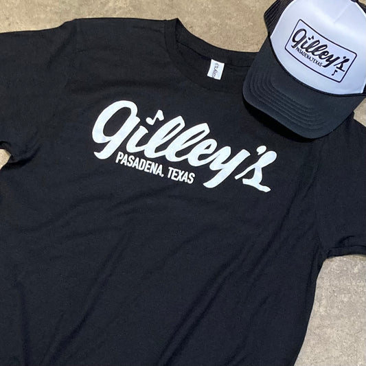 black gilleys t-shirt with white pasadena texas logo laid flat on the floor