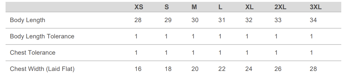 Size chart for Gilley’s Raglan Shirt, showing measurements for body length, chest width, and size tolerance for XS to 3XL.