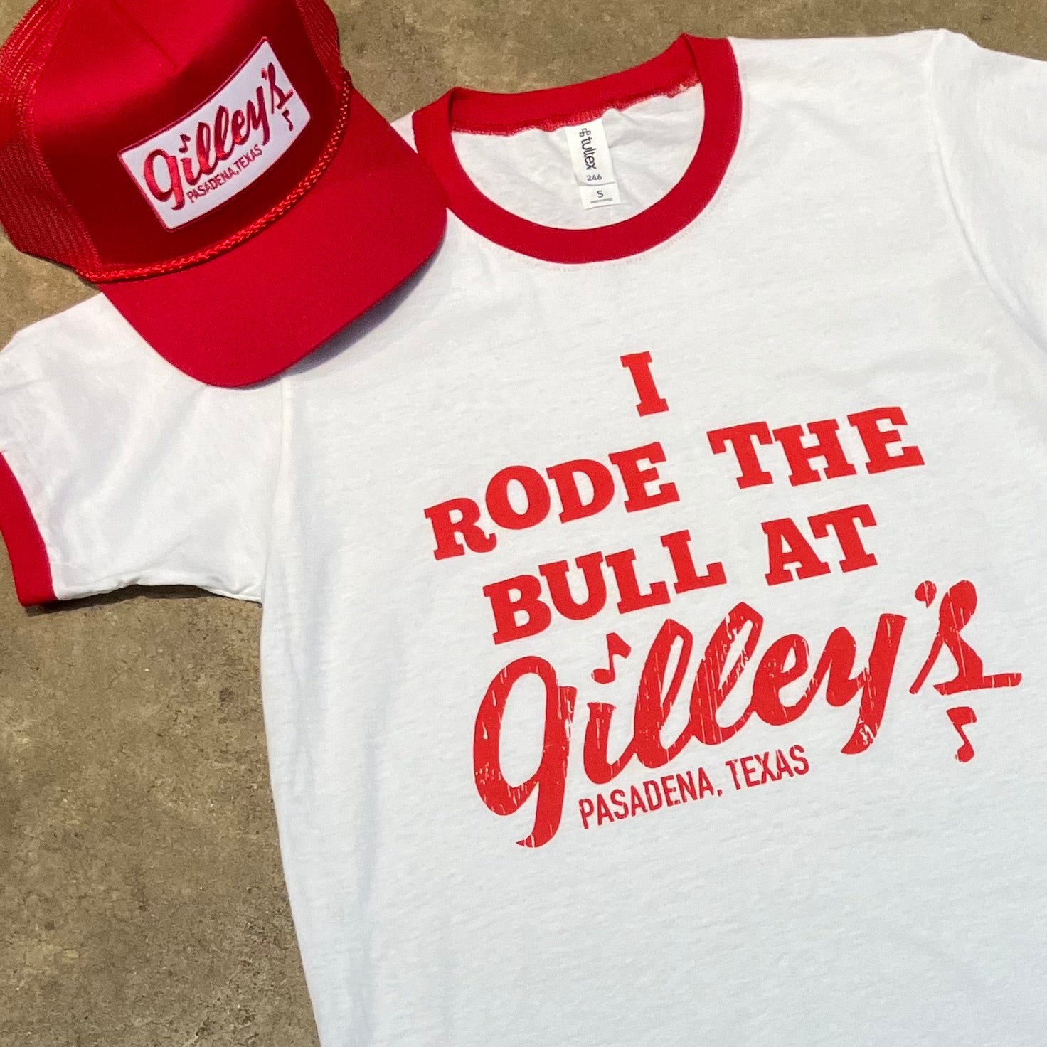 White and red ringer Gilley's "I Rode the Bull" t-shirt with red hat