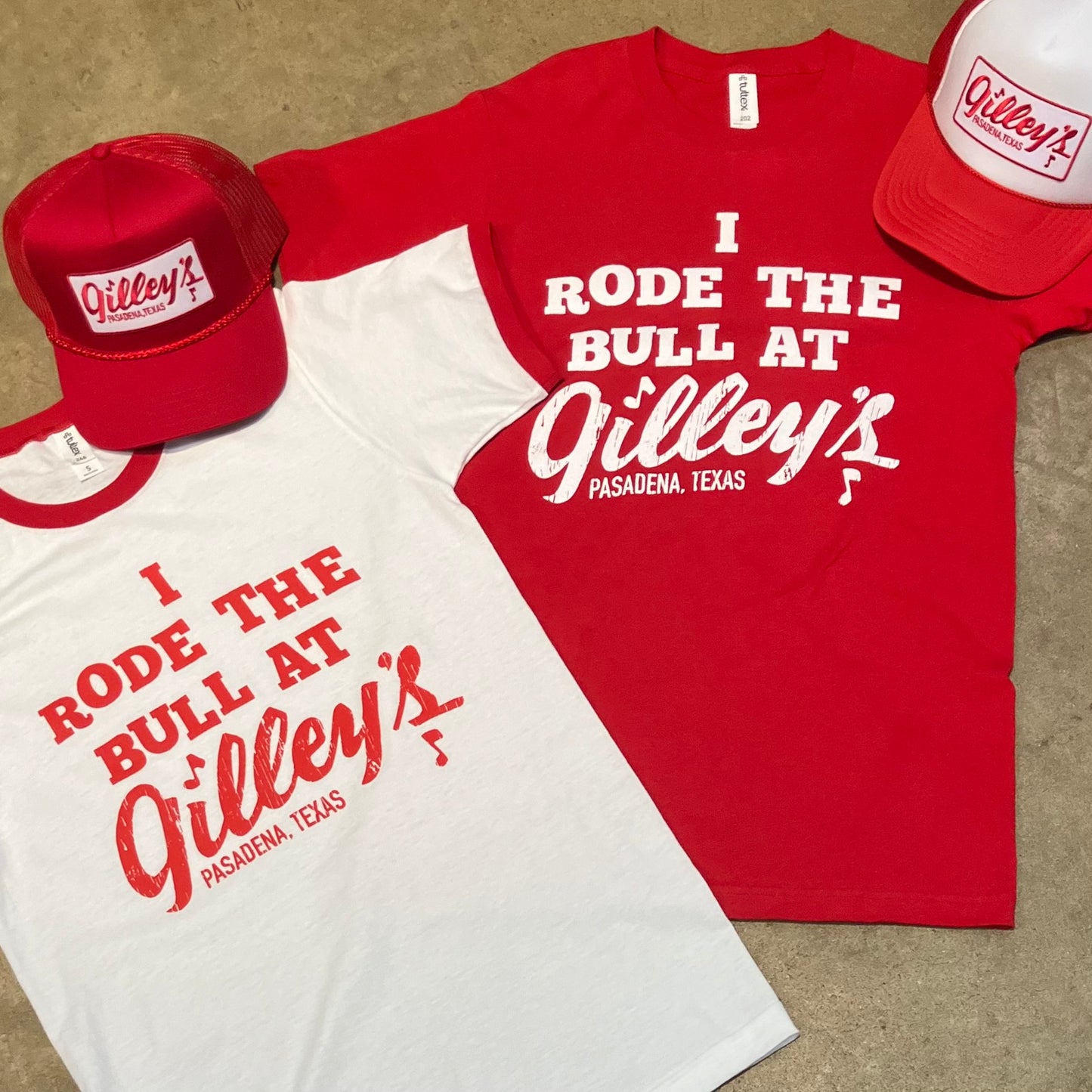 Red and white Gilley's "I Rode the Bull" t-shirts with matching hats