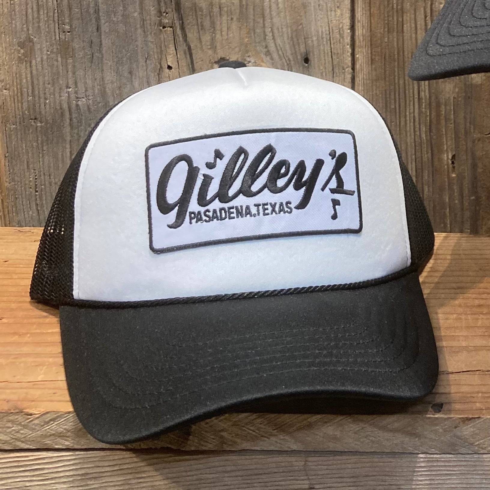 Gilley’s foam trucker hat in white and black with Pasadena, Texas patch