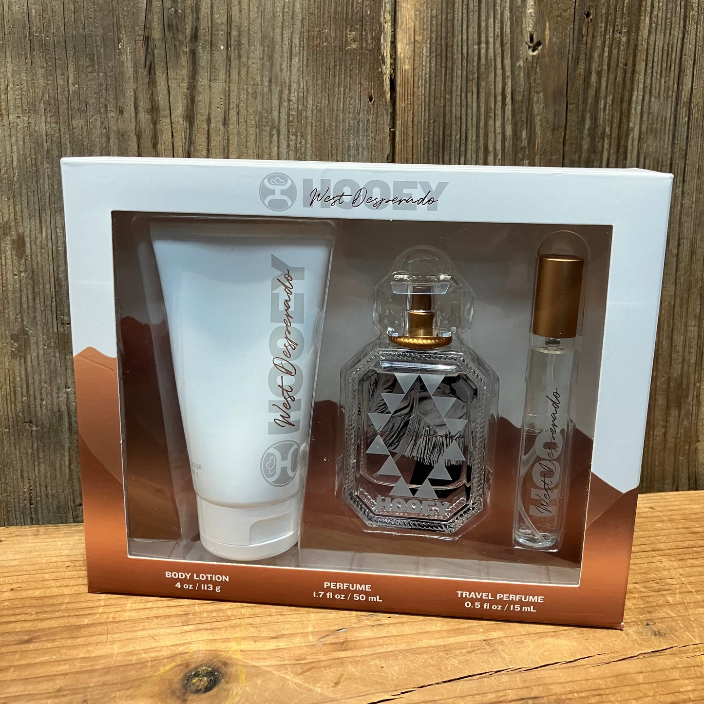 boxed hooey west desperado gift set with perfume, lotion, and travel spray