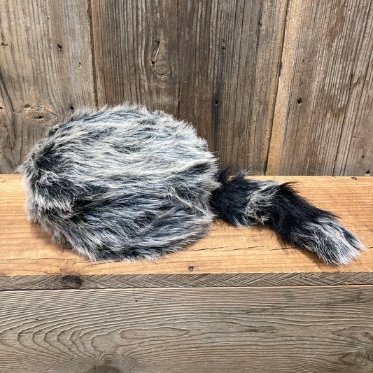 gray and black faux raccoon fur cap with tail for kids dress-up and costumes