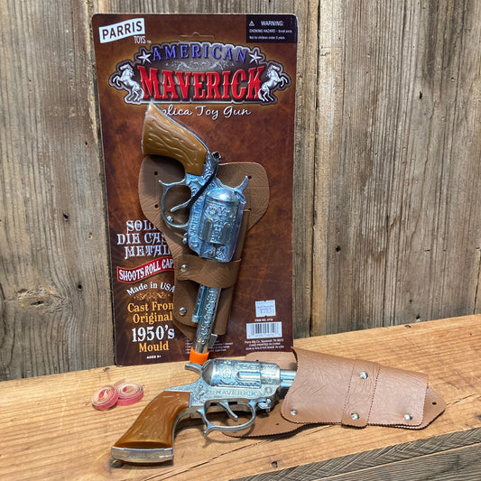 maverick western toy cap gun with brown handle and holster set