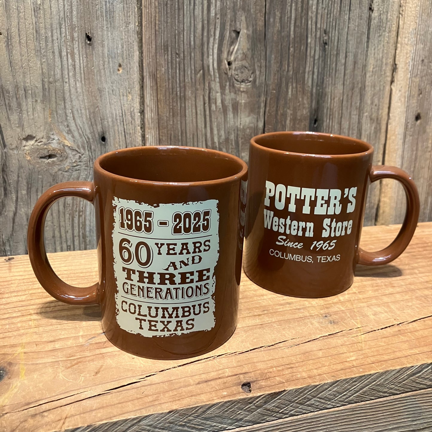 two Potter’s Western Store mugs showing both front 60th anniversary and back logo designs