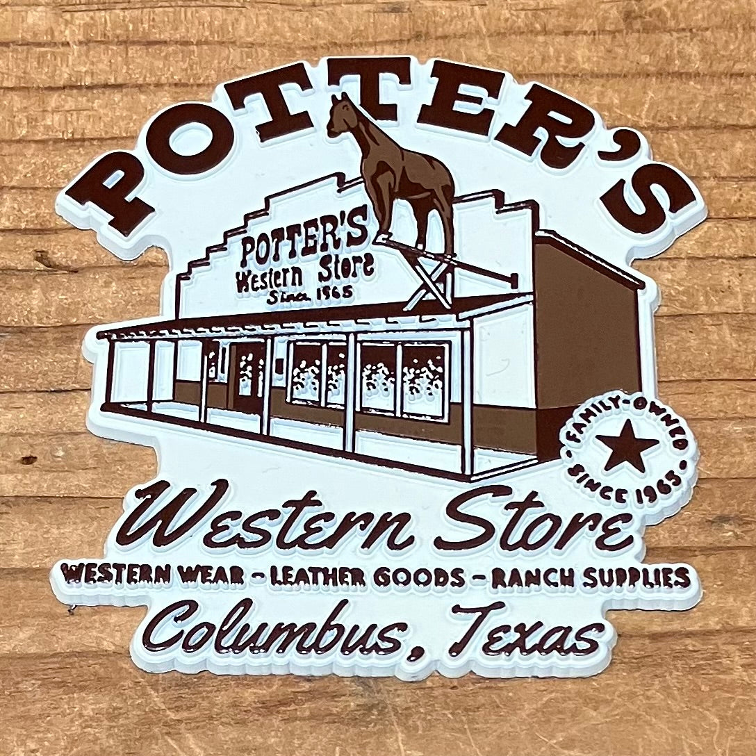 Magnet of Potter's Western Store with a horse statue on a wooden background