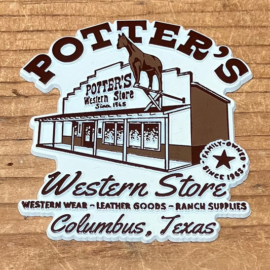 Magnet of Potter's Western Store with a horse statue on a wooden background