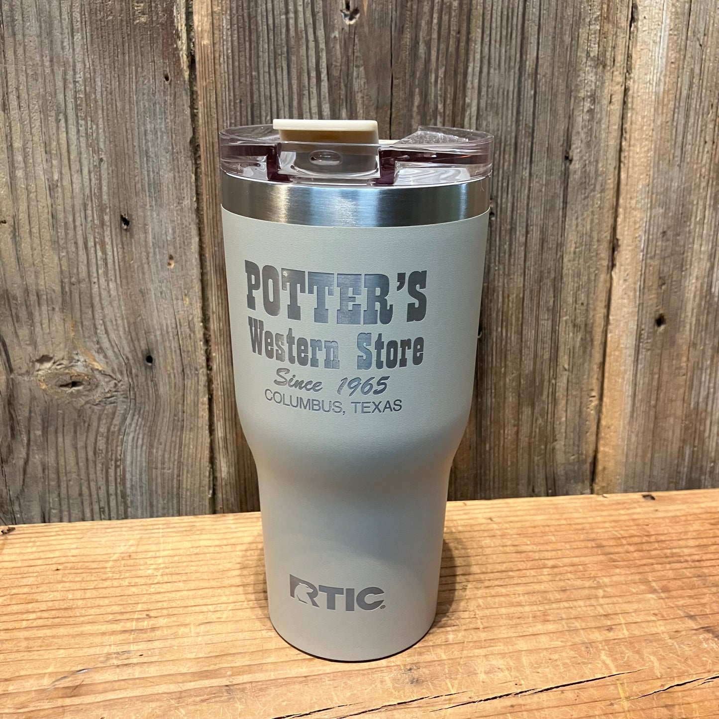 30oz RTIC tumbler with Potter’s Western Store logo and lid on top