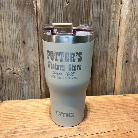 30oz RTIC tumbler with Potter’s Western Store logo and lid on top